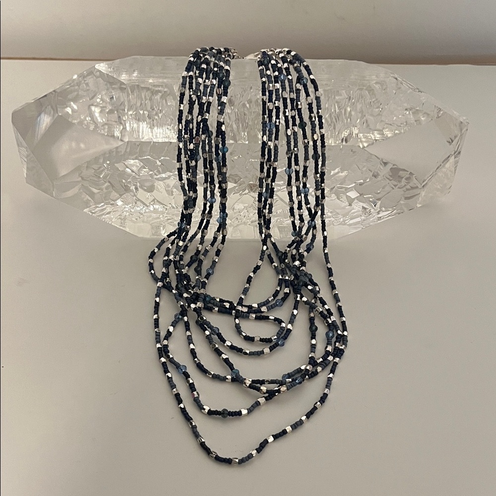 White House Black Market Elegant Beaded Necklace in Navy Blue and Silver
